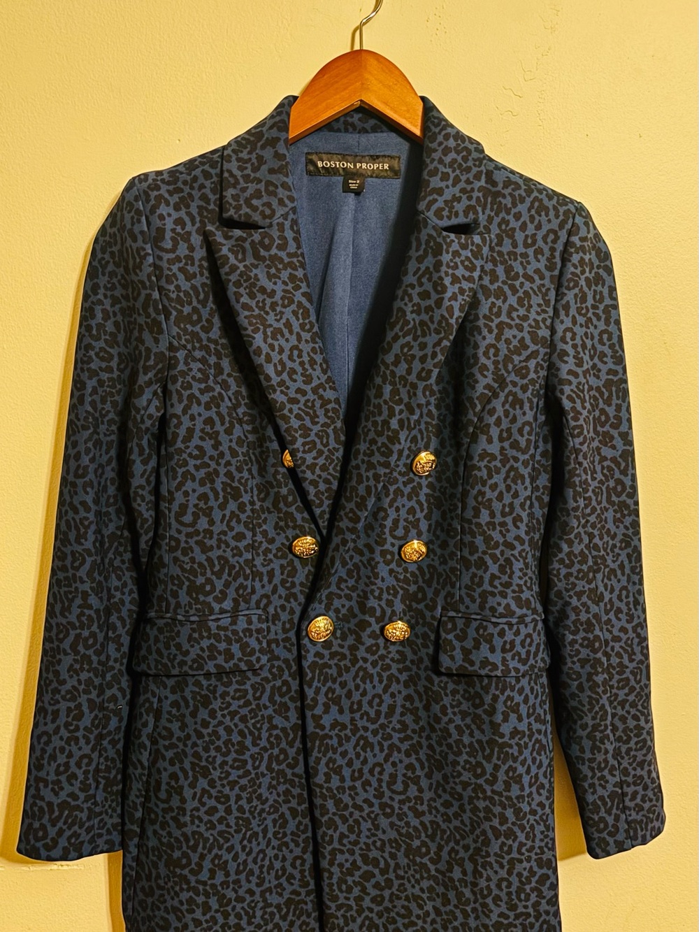 Boston Proper Navy Leopard-Print Double-Breasted Sport Coat with Gold Buttons